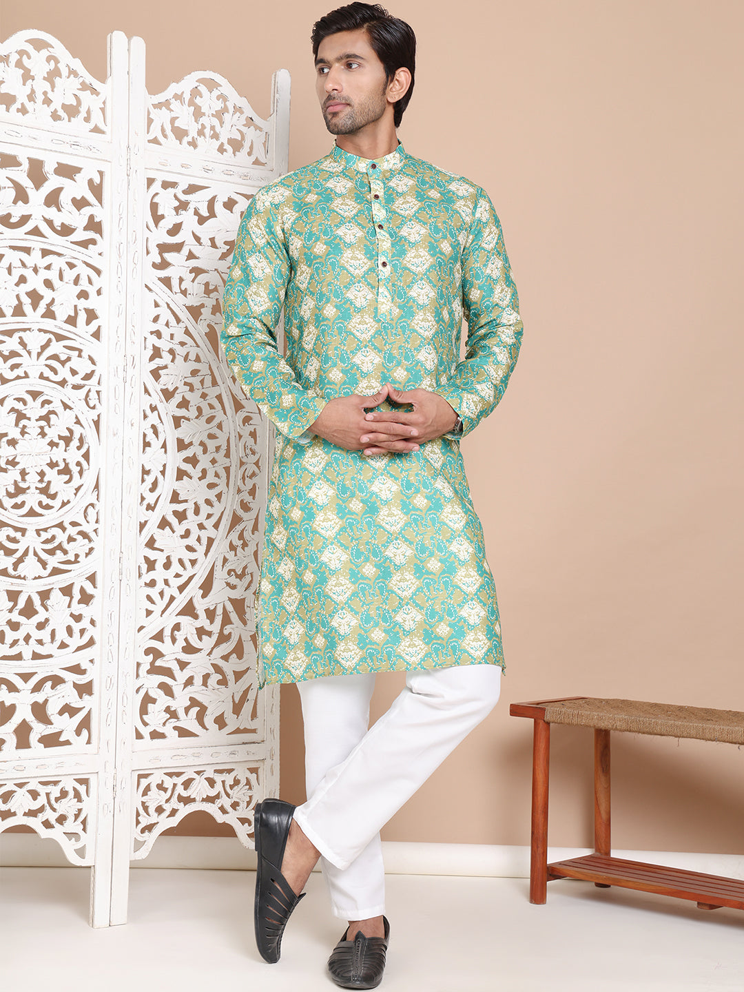 Men's Printed Pure Cotton Kurta Pyjama Set ( JOKP P 5079Green )