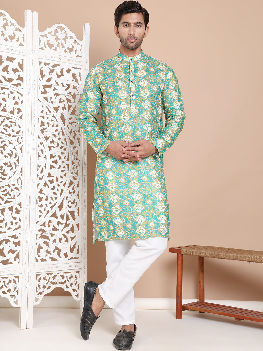 Men's Printed Pure Cotton Kurta Pyjama Set ( JOKP P 5079Green )