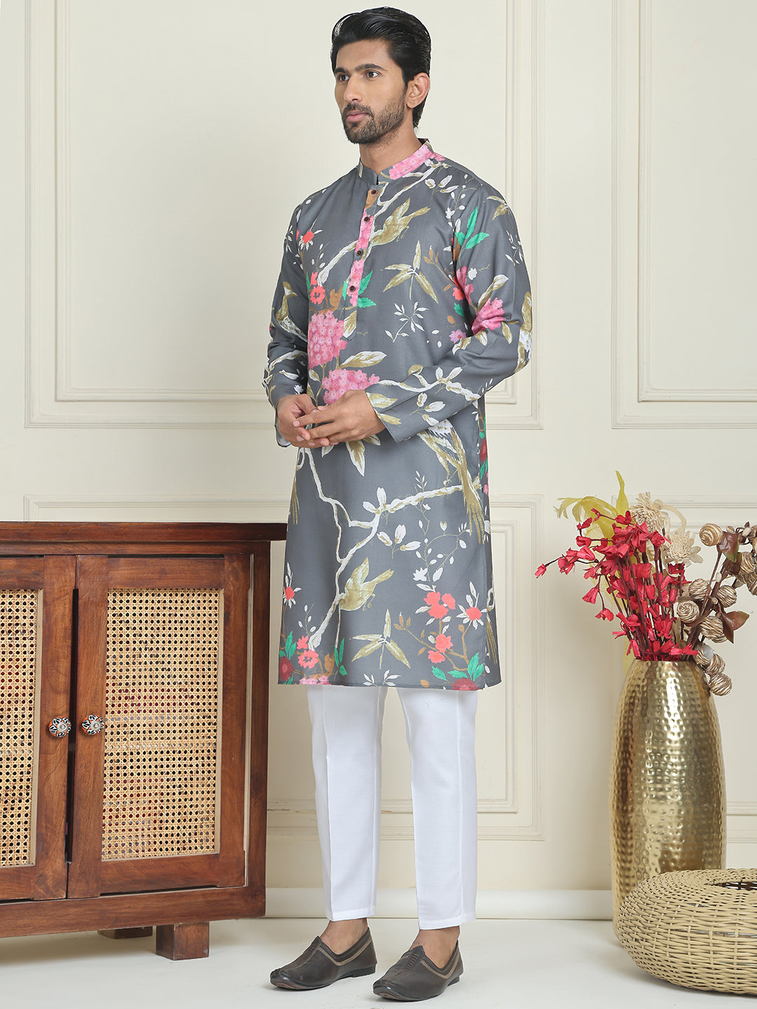 Men's Animal Printed Pure Cotton Straight Kurta Pyjama Set ( JOKP P 5079 Grey )