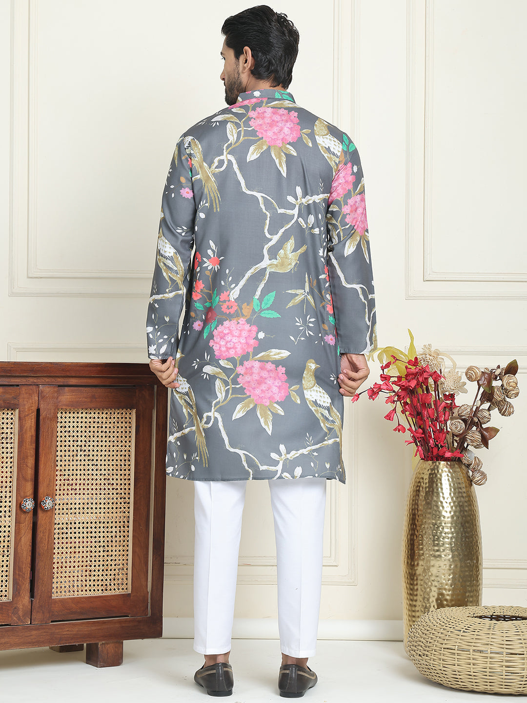 Men's Animal Printed Pure Cotton Straight Kurta Pyjama Set ( JOKP P 5079 Grey )