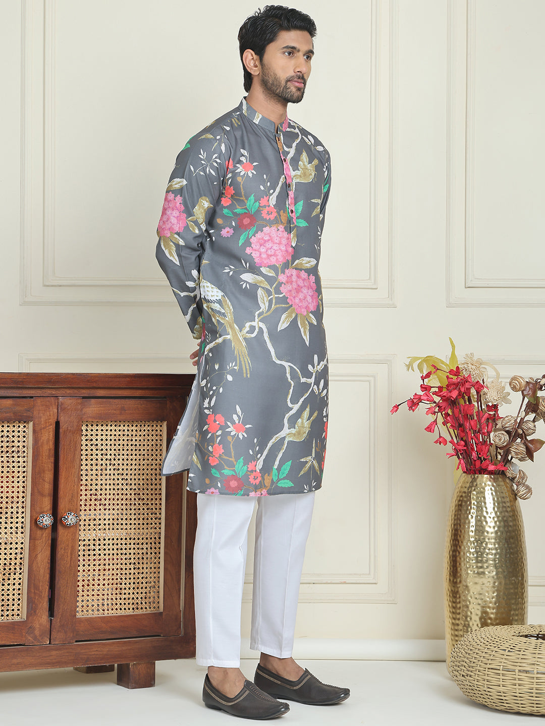 Men's Animal Printed Pure Cotton Straight Kurta Pyjama Set ( JOKP P 5079 Grey )