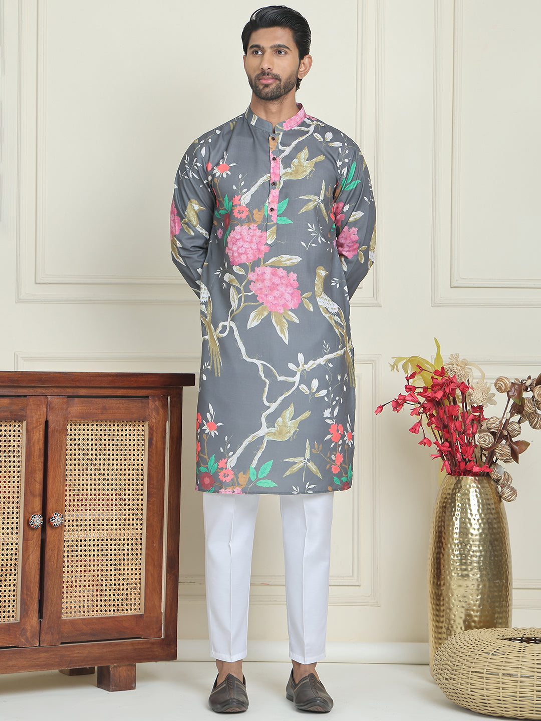 Men's Animal Printed Pure Cotton Straight Kurta Pyjama Set ( JOKP P 5079 Grey )