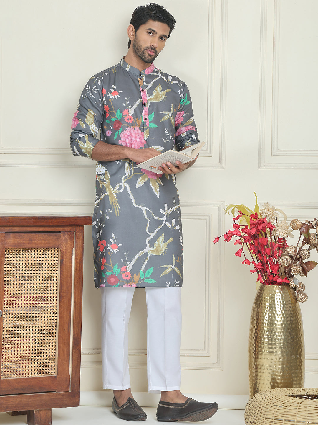 Men's Animal Printed Pure Cotton Straight Kurta Pyjama Set ( JOKP P 5079 Grey )