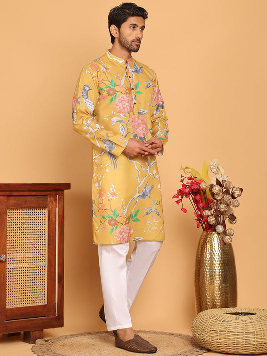 Men's Animal Printed Pure Cotton Straight Kurta Pyjama Set ( JOKP P 5079 Mustard )