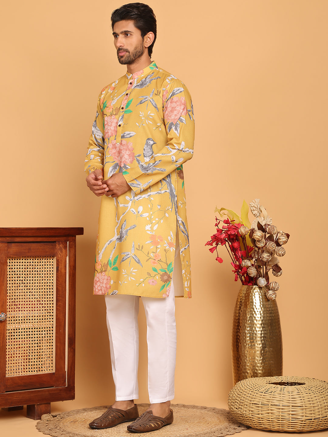 Men's Animal Printed Pure Cotton Straight Kurta Pyjama Set ( JOKP P 5079 Mustard )