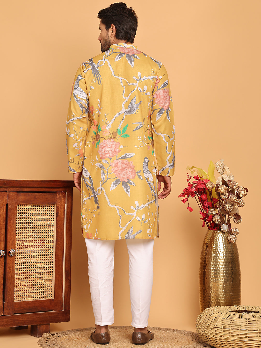 Men's Animal Printed Pure Cotton Straight Kurta Pyjama Set ( JOKP P 5079 Mustard )