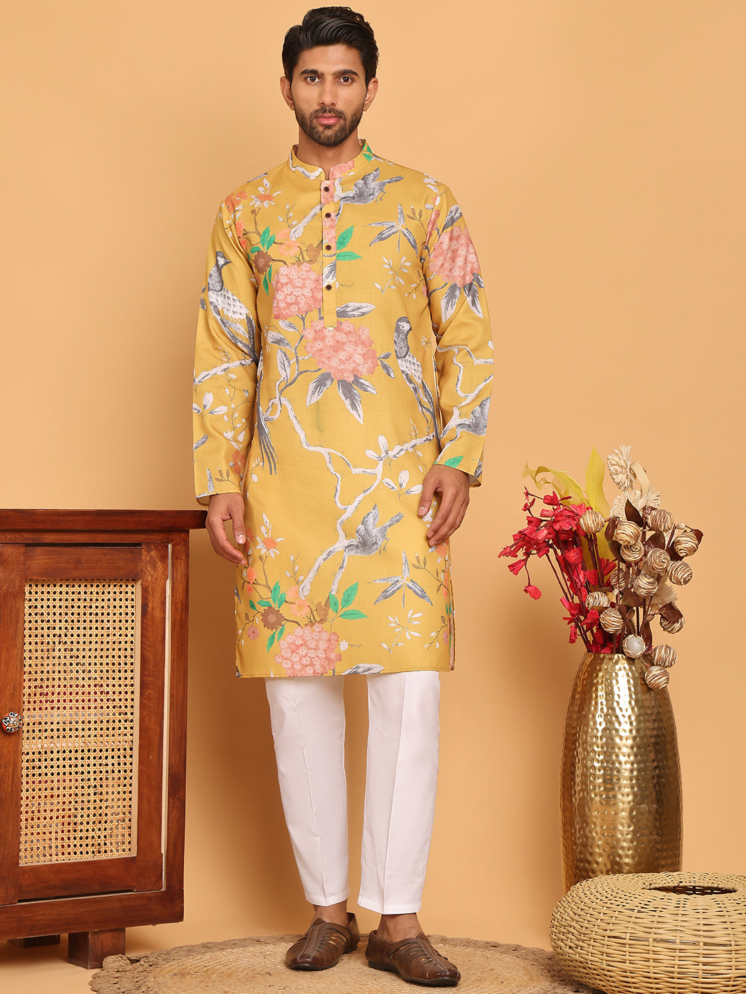 Men's Animal Printed Pure Cotton Straight Kurta Pyjama Set ( JOKP P 5079 Mustard )