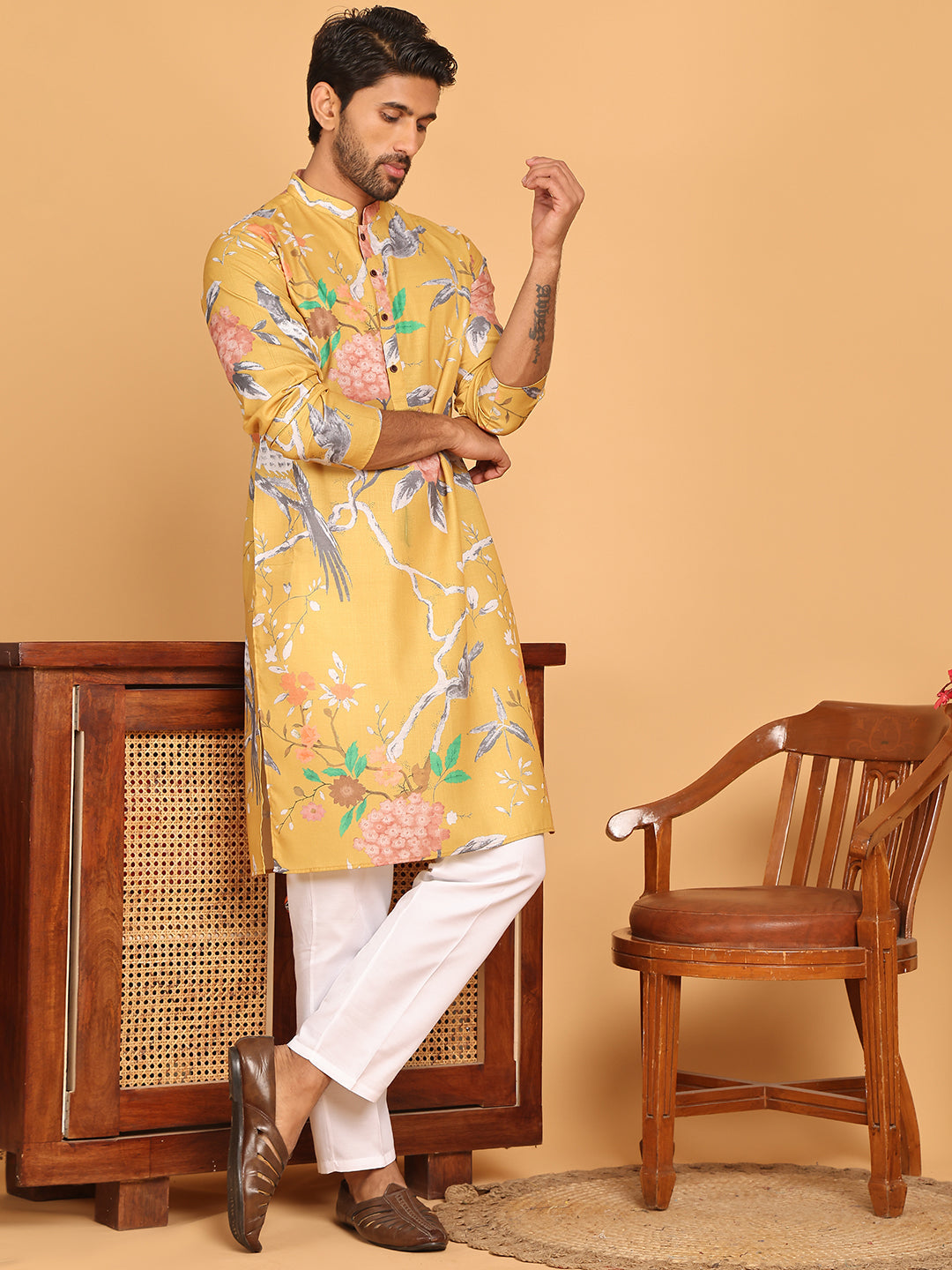 Men's Animal Printed Pure Cotton Straight Kurta Pyjama Set ( JOKP P 5079 Mustard )