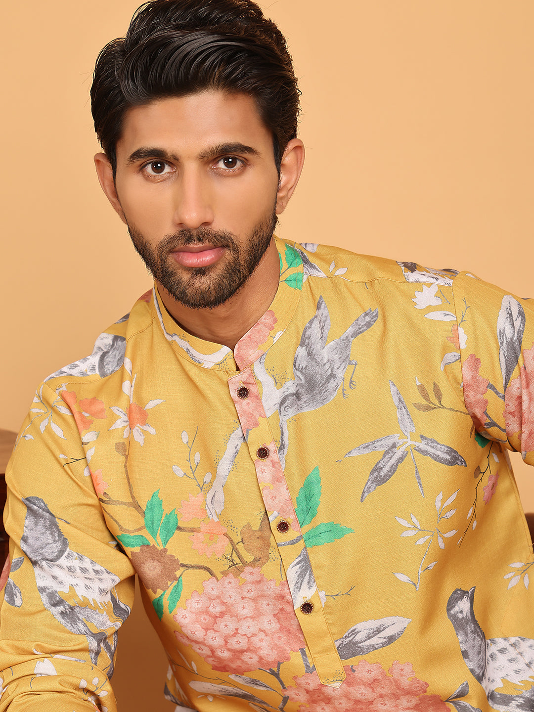 Men's Animal Printed Pure Cotton Straight Kurta Pyjama Set ( JOKP P 5079 Mustard )