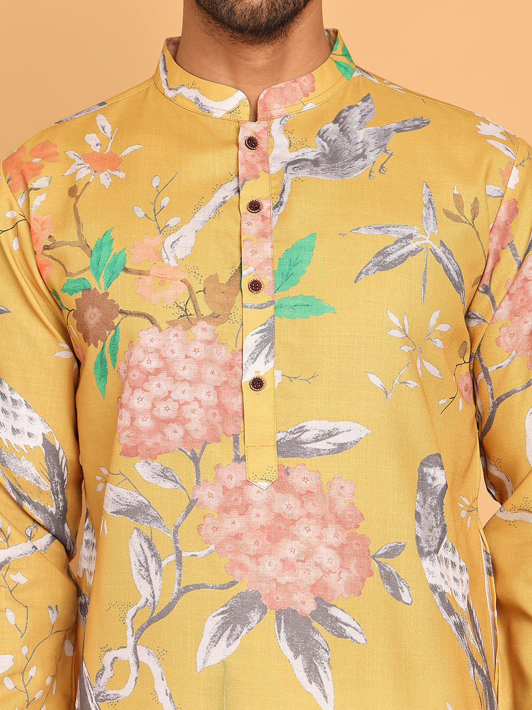 Men's Animal Printed Pure Cotton Straight Kurta Pyjama Set ( JOKP P 5079 Mustard )