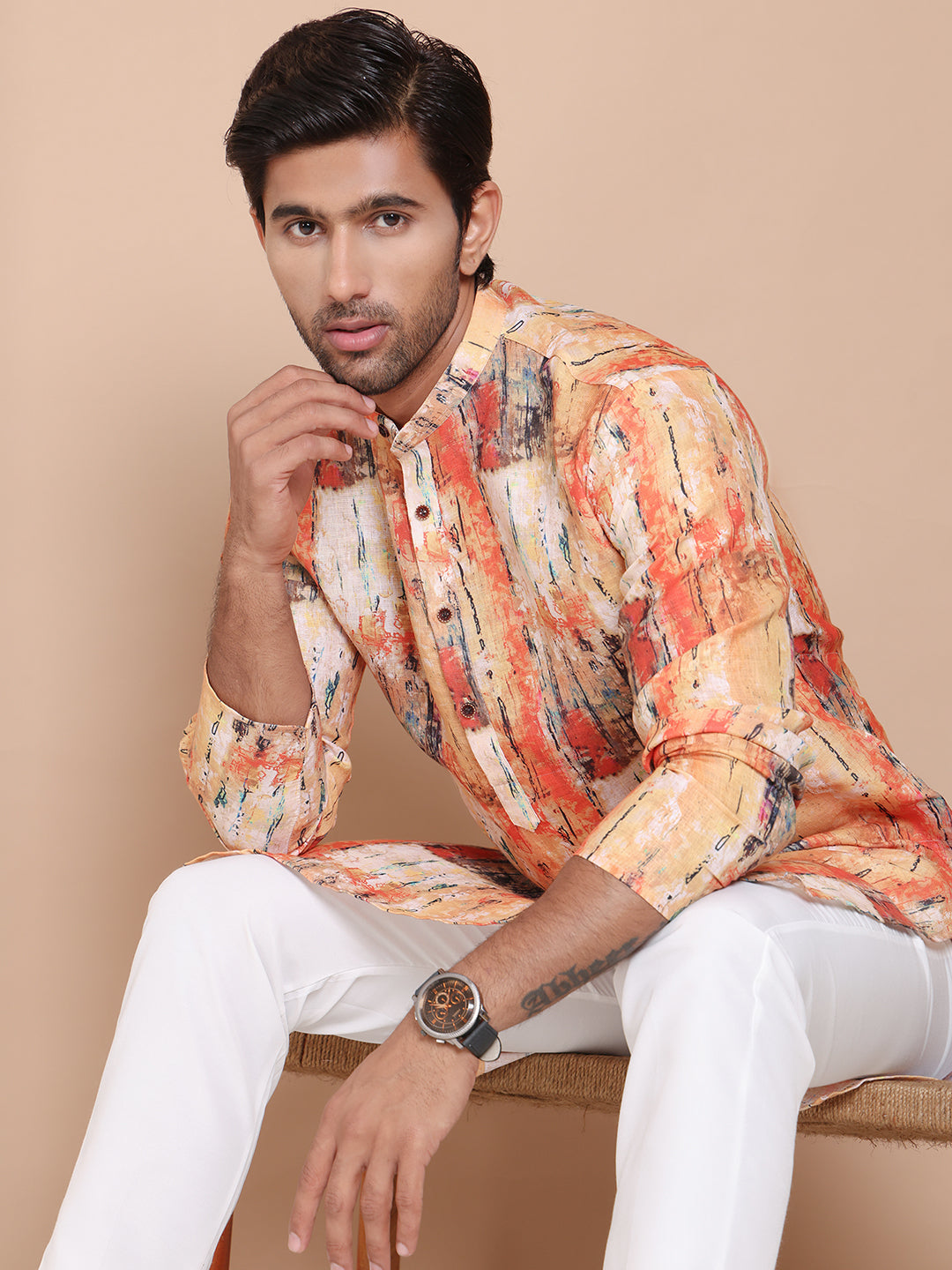 Men's Printed Pure Cotton Kurta Pyjama Set ( JOKP P 5079Orange )