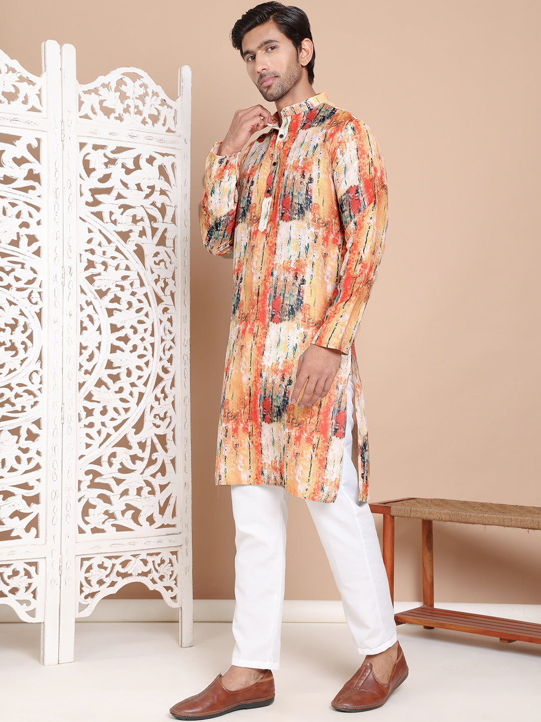 Men's Printed Pure Cotton Kurta Pyjama Set ( JOKP P 5079Orange )