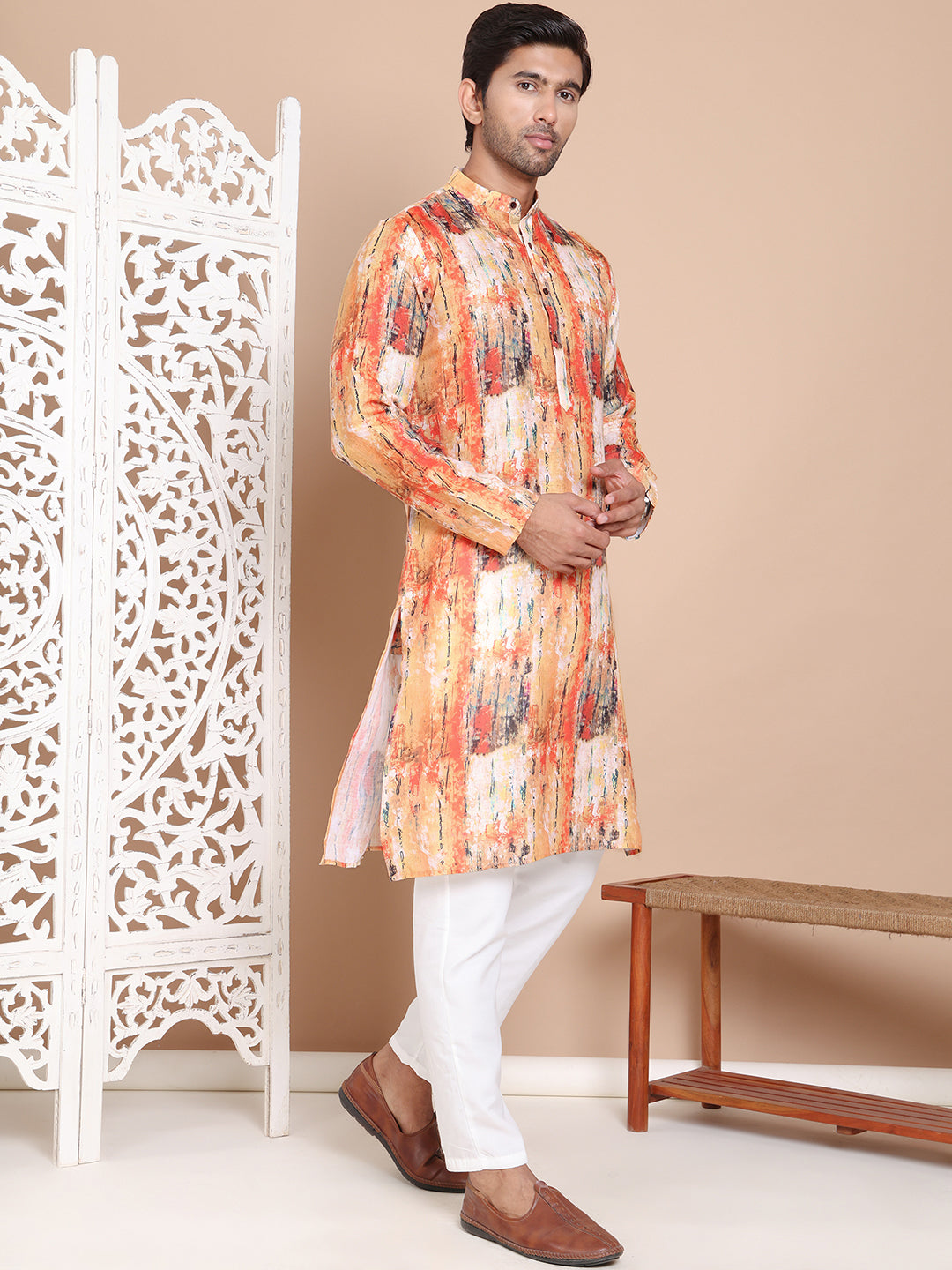 Men's Printed Pure Cotton Kurta Pyjama Set ( JOKP P 5079Orange )