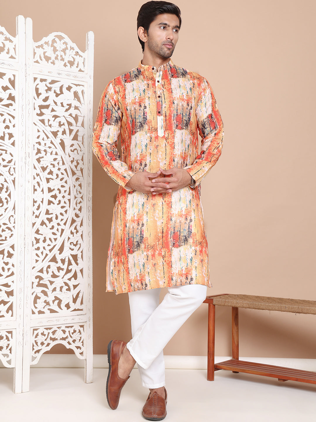 Men's Printed Pure Cotton Kurta Pyjama Set ( JOKP P 5079Orange )