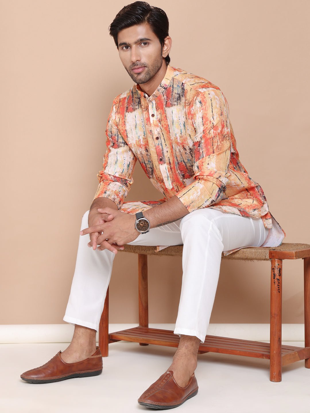 Men's Printed Pure Cotton Kurta Pyjama Set ( JOKP P 5079Orange )