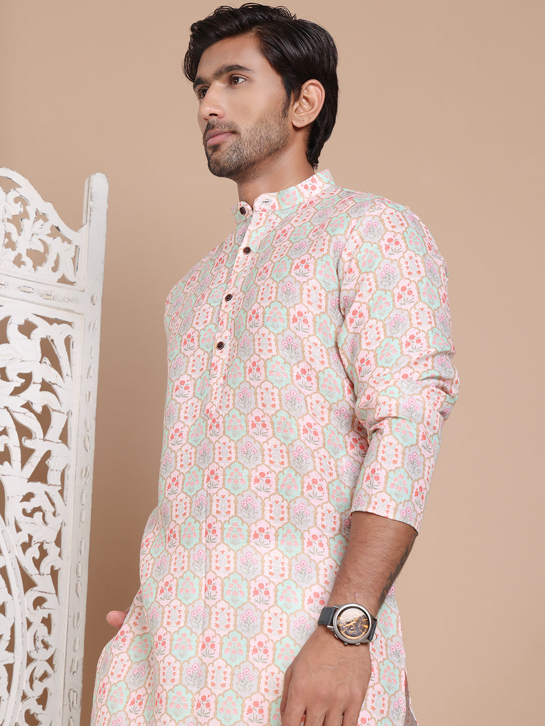 Men's Printed Pure Cotton Kurta Pyjama Set ( JOKP P 5079Peach )