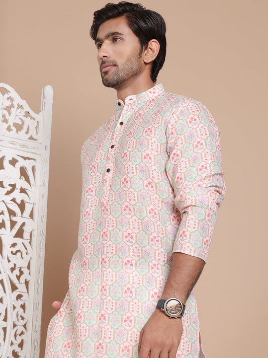 Men's Printed Pure Cotton Kurta Pyjama Set ( JOKP P 5079Peach )