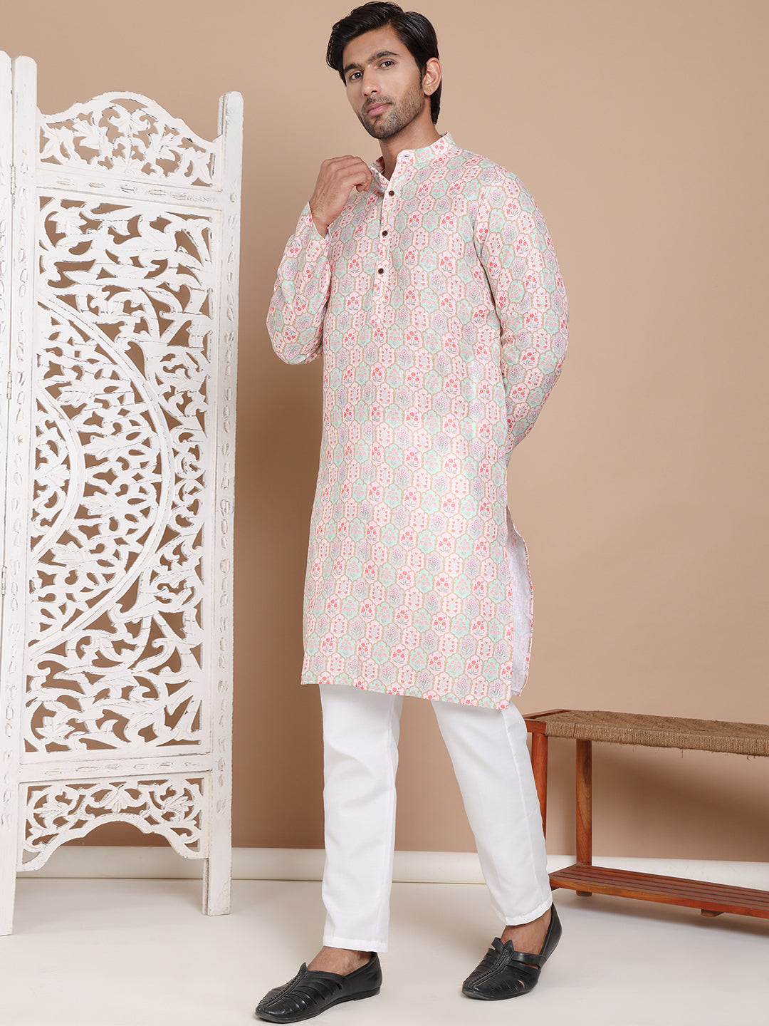 Men's Printed Pure Cotton Kurta Pyjama Set ( JOKP P 5079Peach )