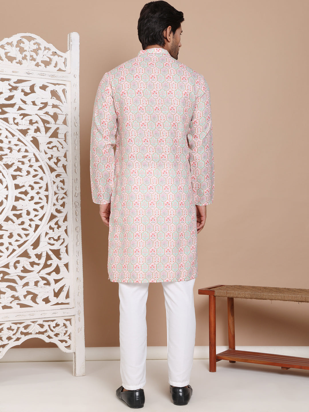 Men's Printed Pure Cotton Kurta Pyjama Set ( JOKP P 5079Peach )