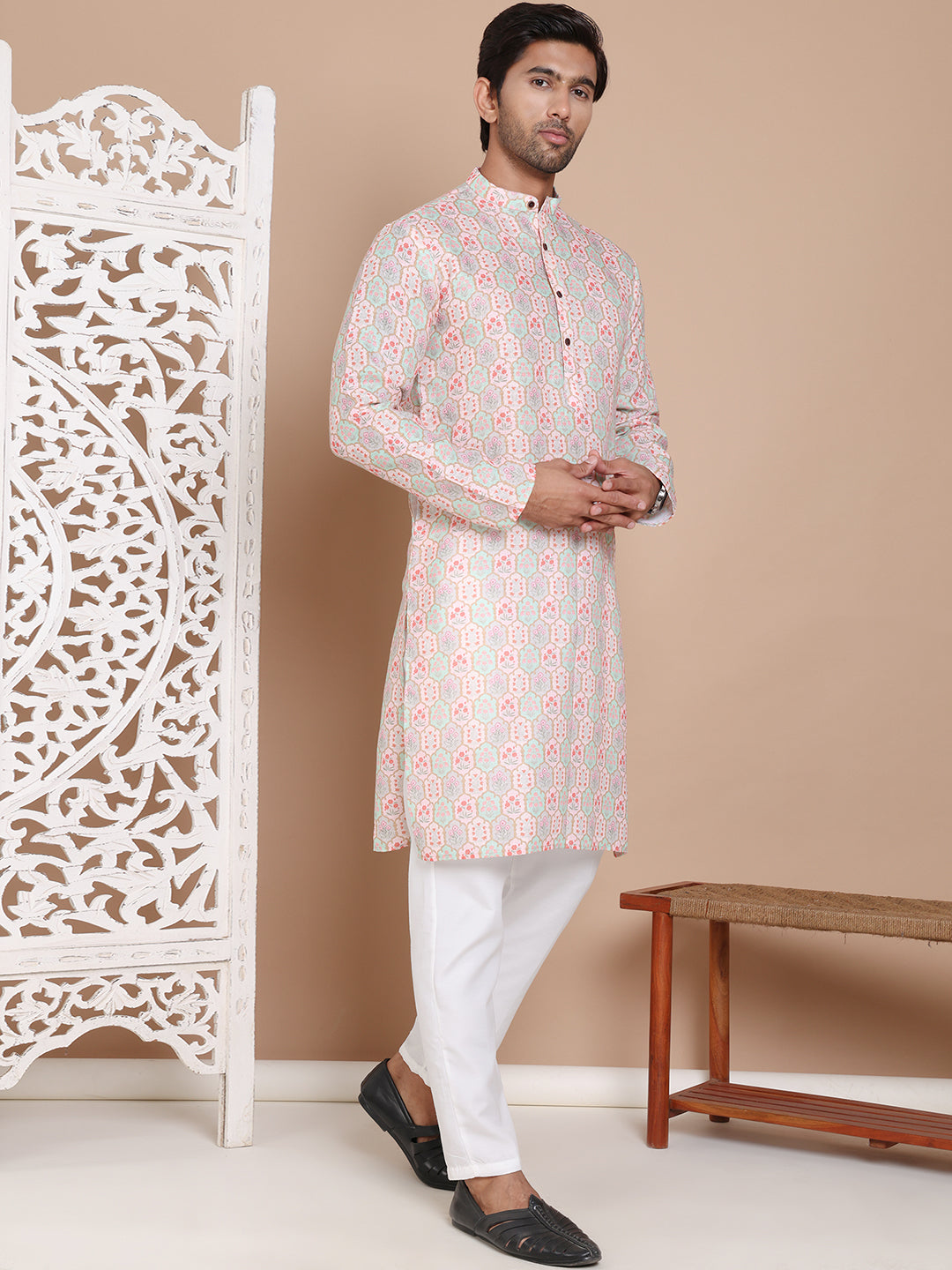 Men's Printed Pure Cotton Kurta Pyjama Set ( JOKP P 5079Peach )