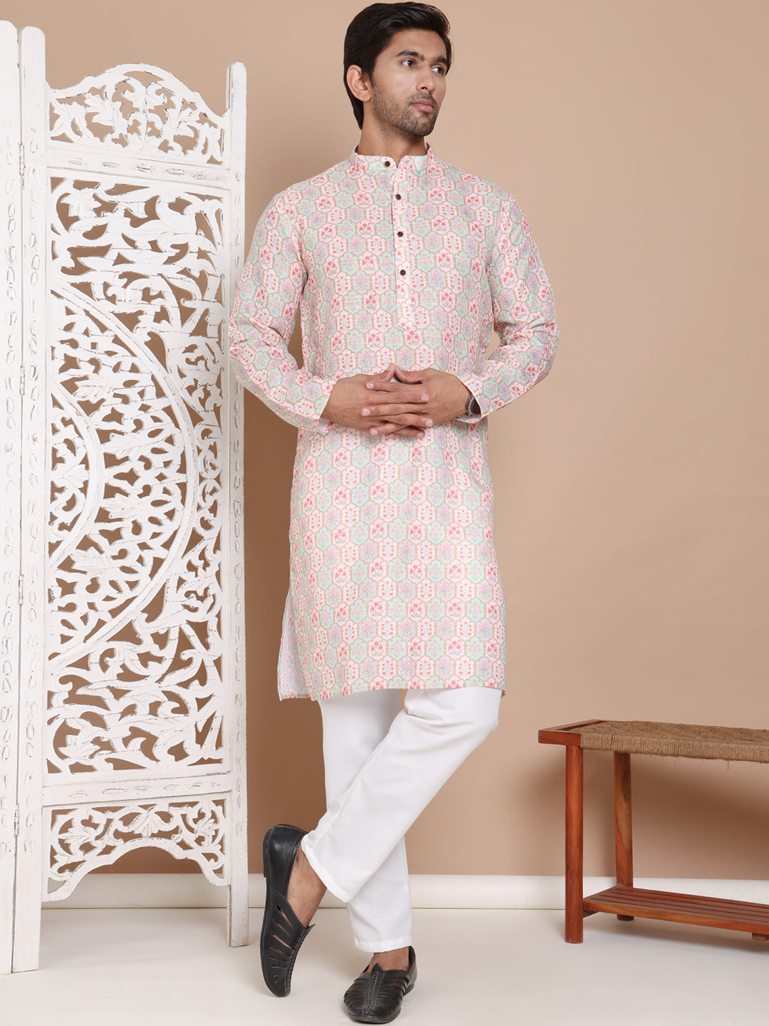 Men's Printed Pure Cotton Kurta Pyjama Set ( JOKP P 5079Peach )