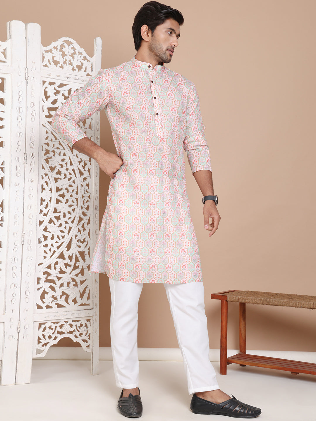 Men's Printed Pure Cotton Kurta Pyjama Set ( JOKP P 5079Peach )