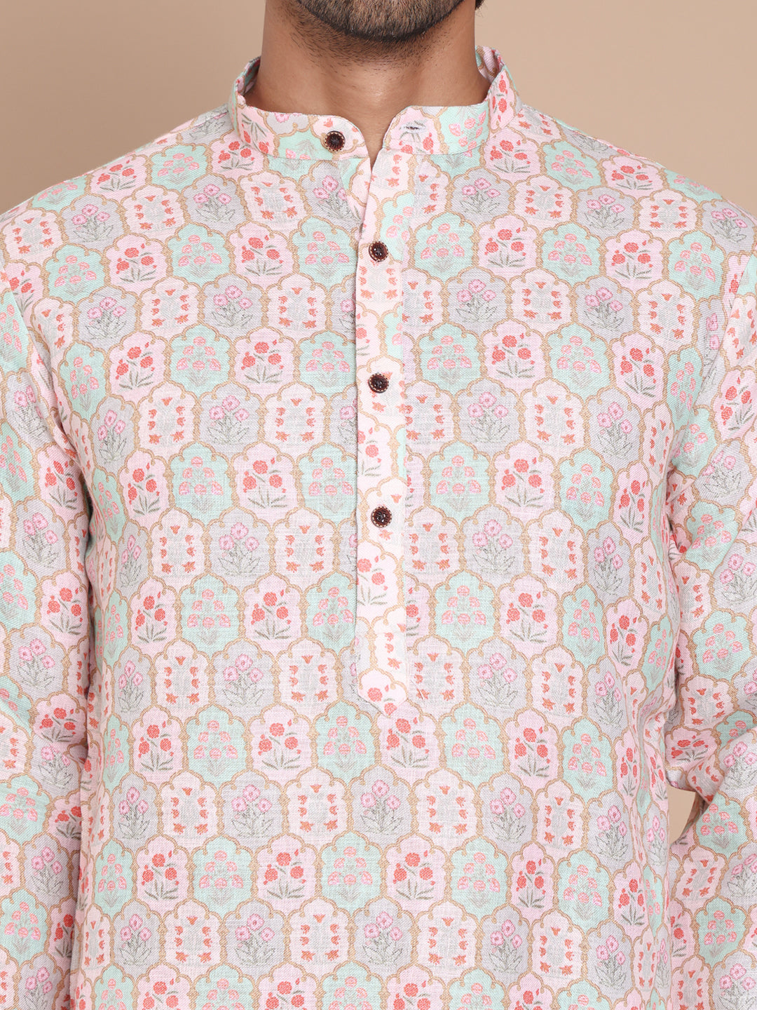 Men's Printed Pure Cotton Kurta Pyjama Set ( JOKP P 5079Peach )