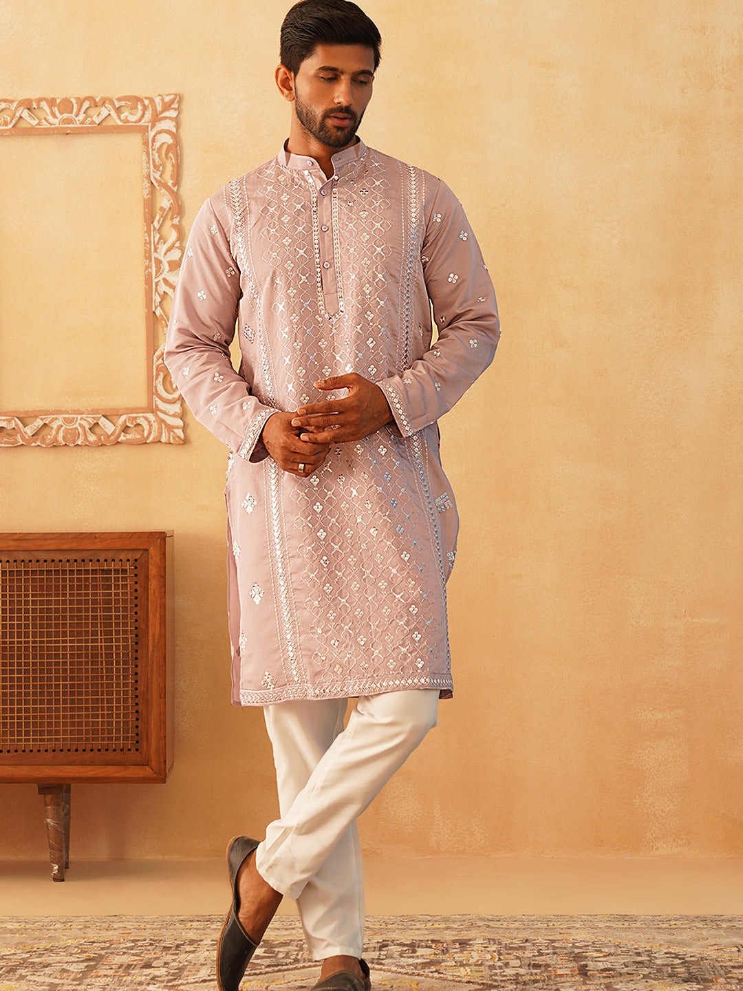 Embroidered & Sequin Cotton Blend Kurta Pyjama Sets
