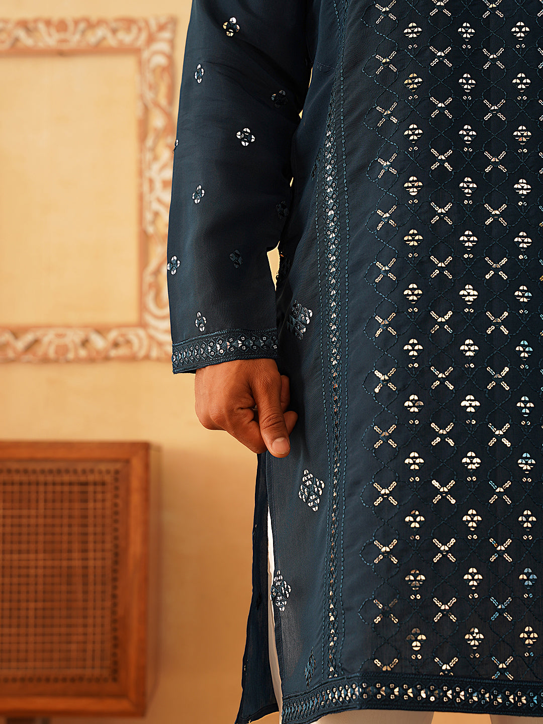 Embroidered & Sequin Cotton Blend Kurta Pyjama Sets