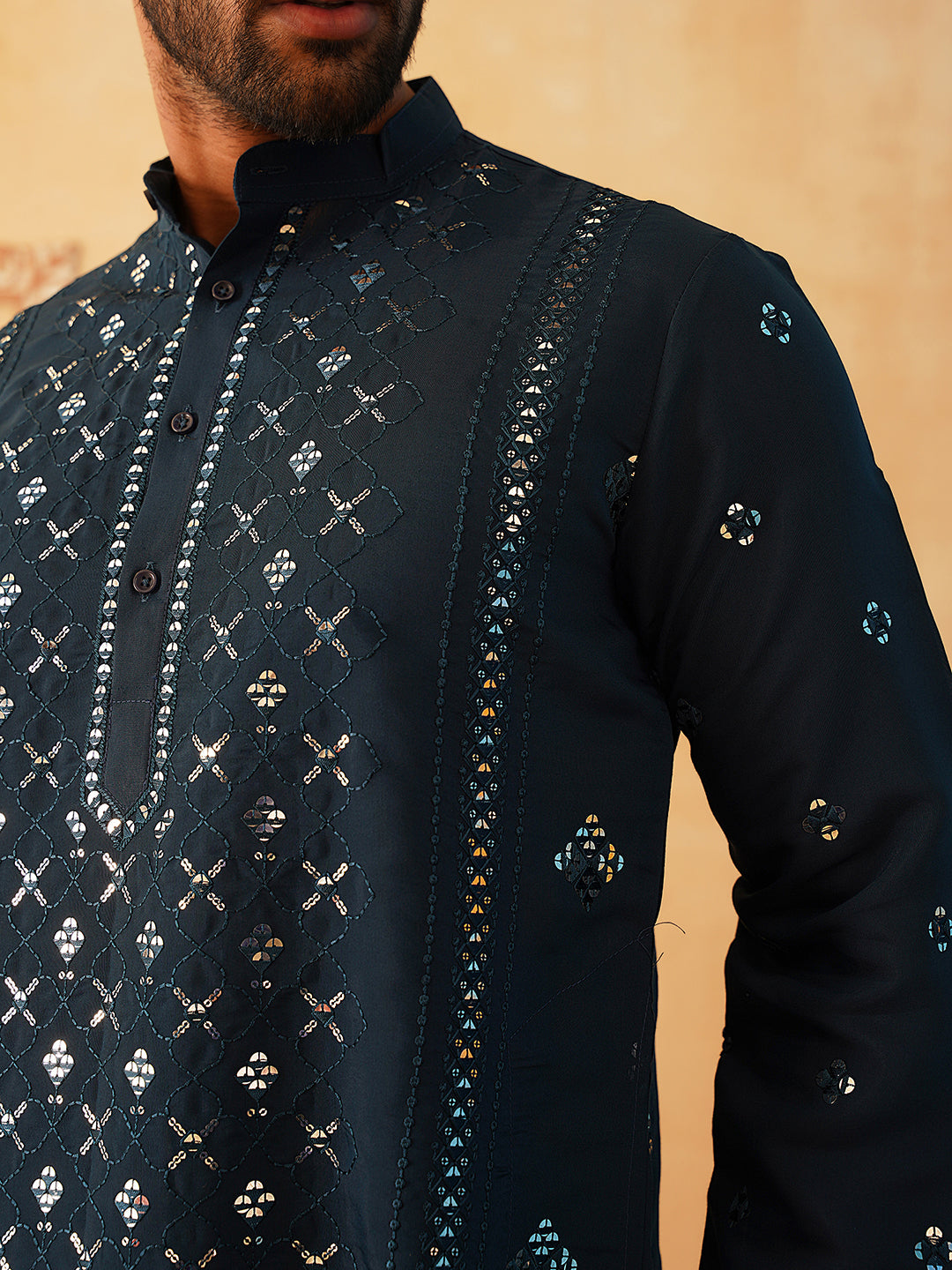 Embroidered & Sequin Cotton Blend Kurta Pyjama Sets