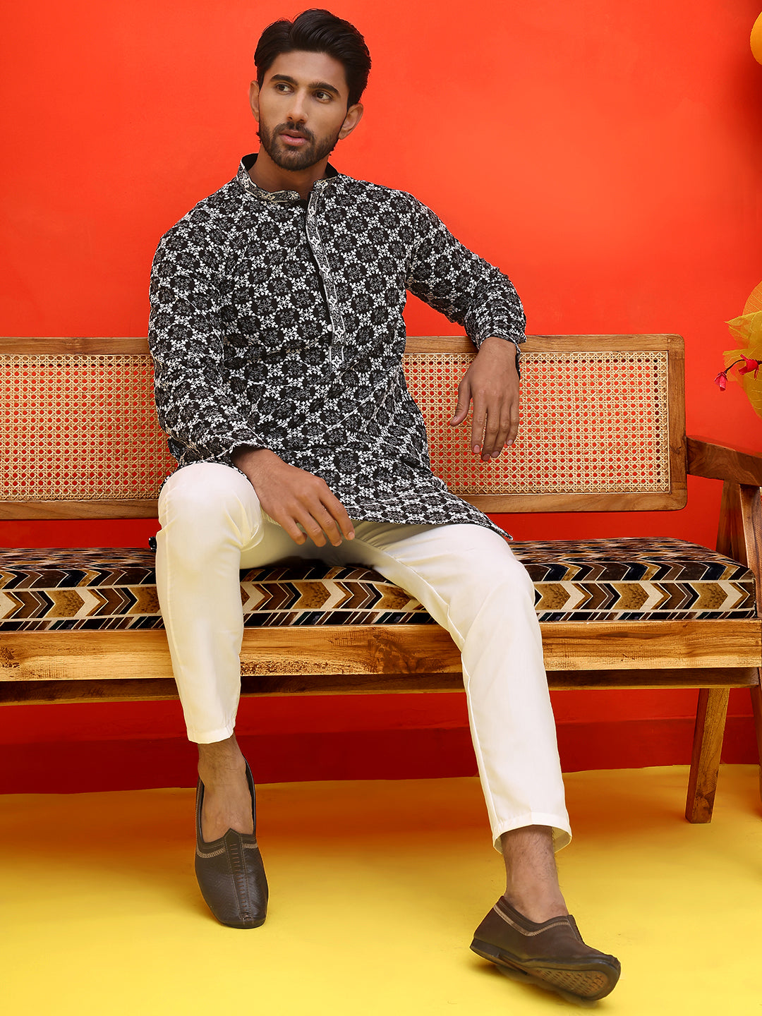 Embroidered Kurta Pyjama for Men ( JOKP P 5092 Black )