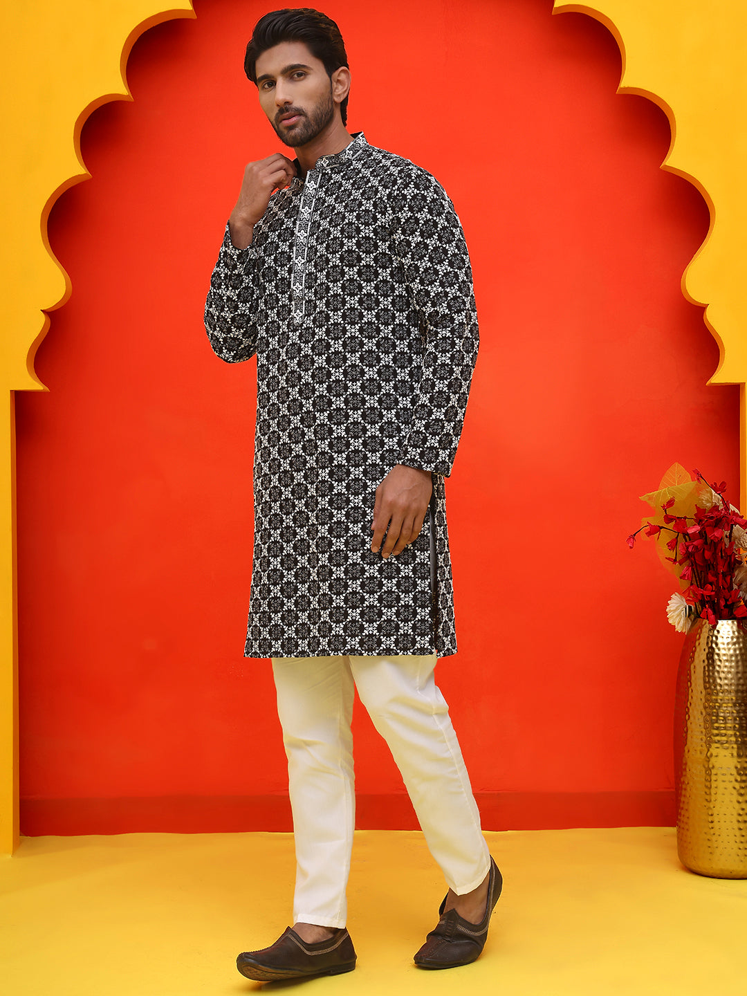 Embroidered Kurta Pyjama for Men ( JOKP P 5092 Black )