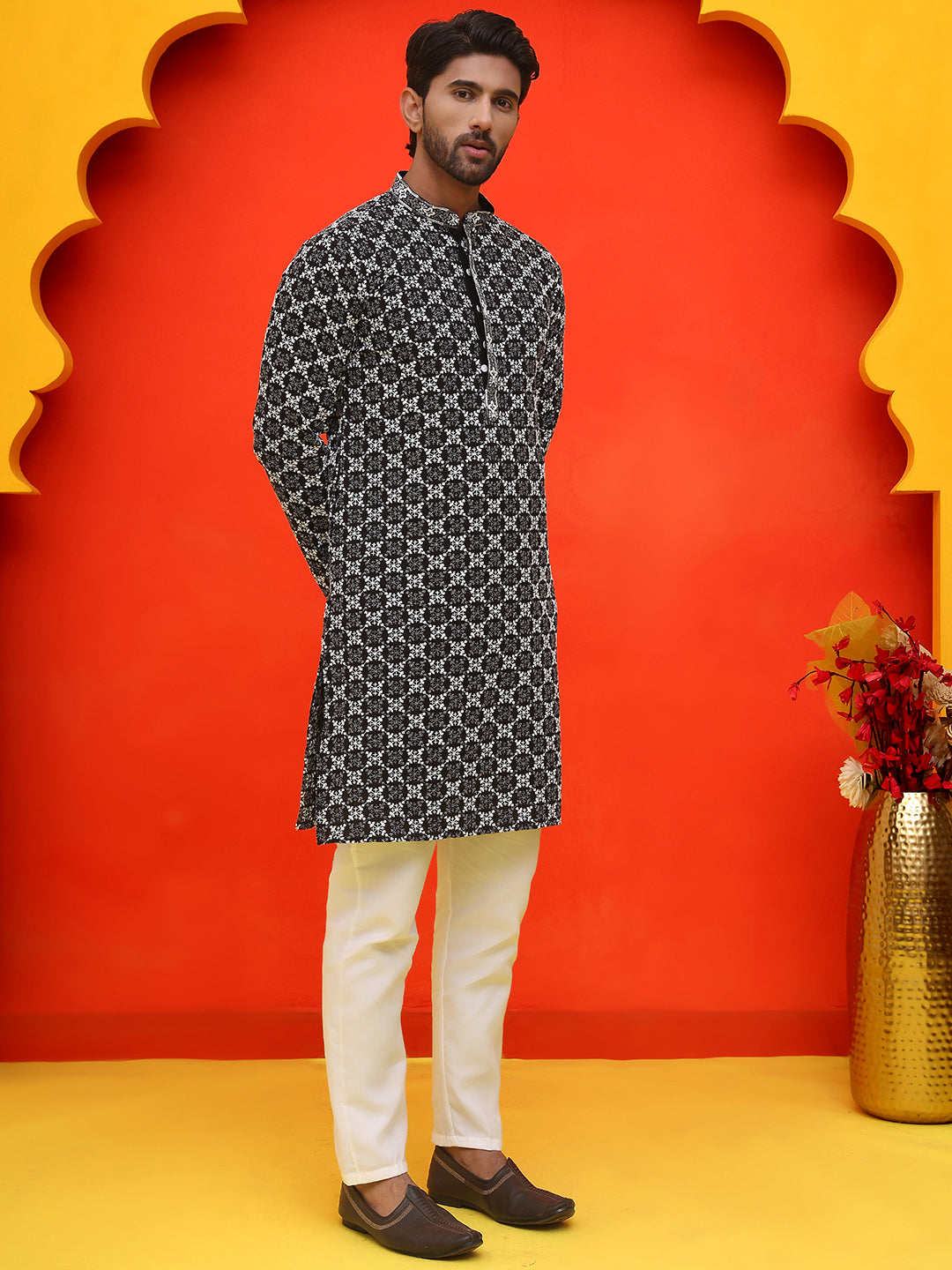 Embroidered Kurta Pyjama for Men ( JOKP P 5092 Black )