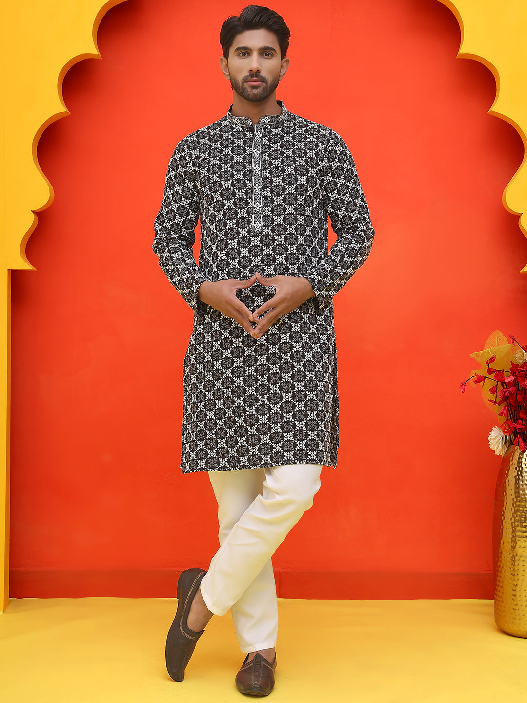Embroidered Kurta Pyjama for Men ( JOKP P 5092 Black )