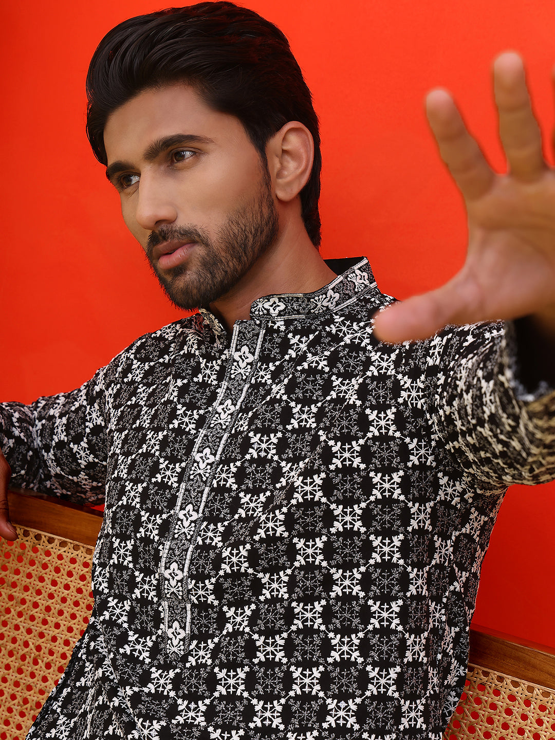 Embroidered Kurta Pyjama for Men ( JOKP P 5092 Black )