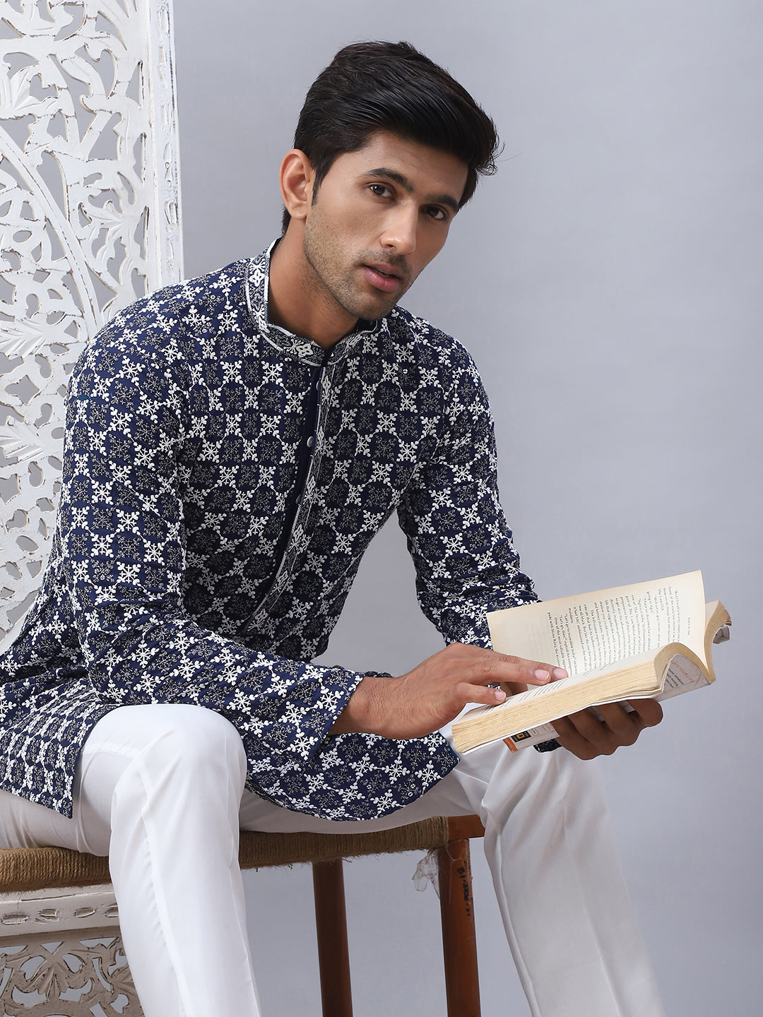 Embroidered Kurta Pyjama for Men ( JOKP P 5092Navy )