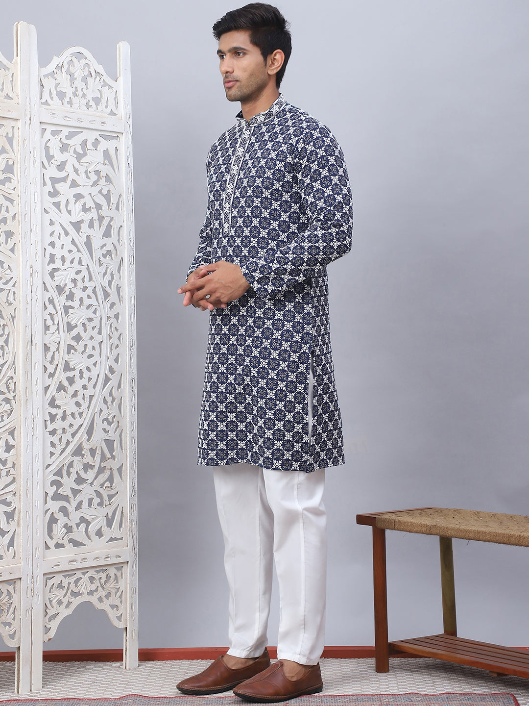 Embroidered Kurta Pyjama for Men ( JOKP P 5092Navy )