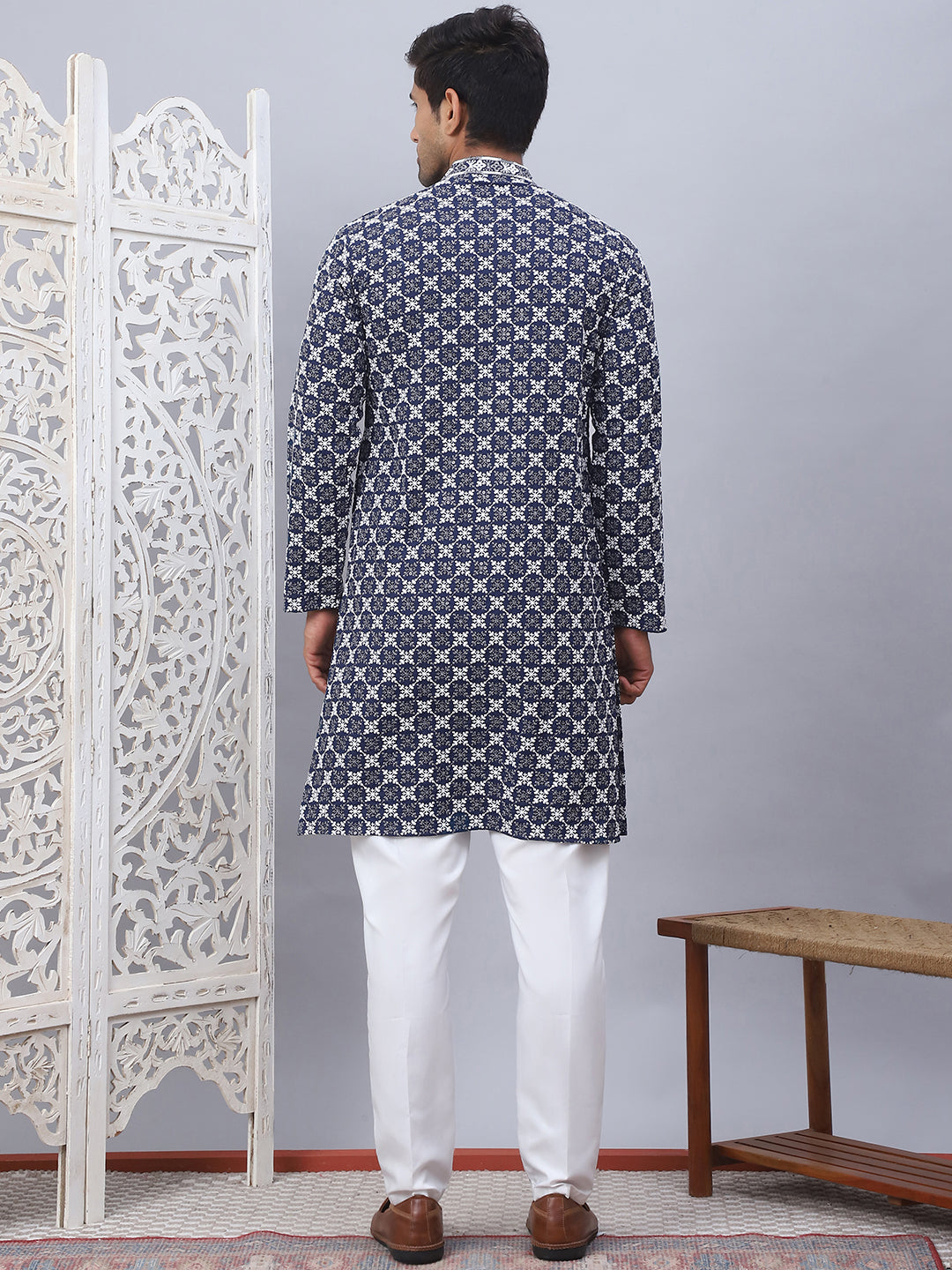 Embroidered Kurta Pyjama for Men ( JOKP P 5092Navy )