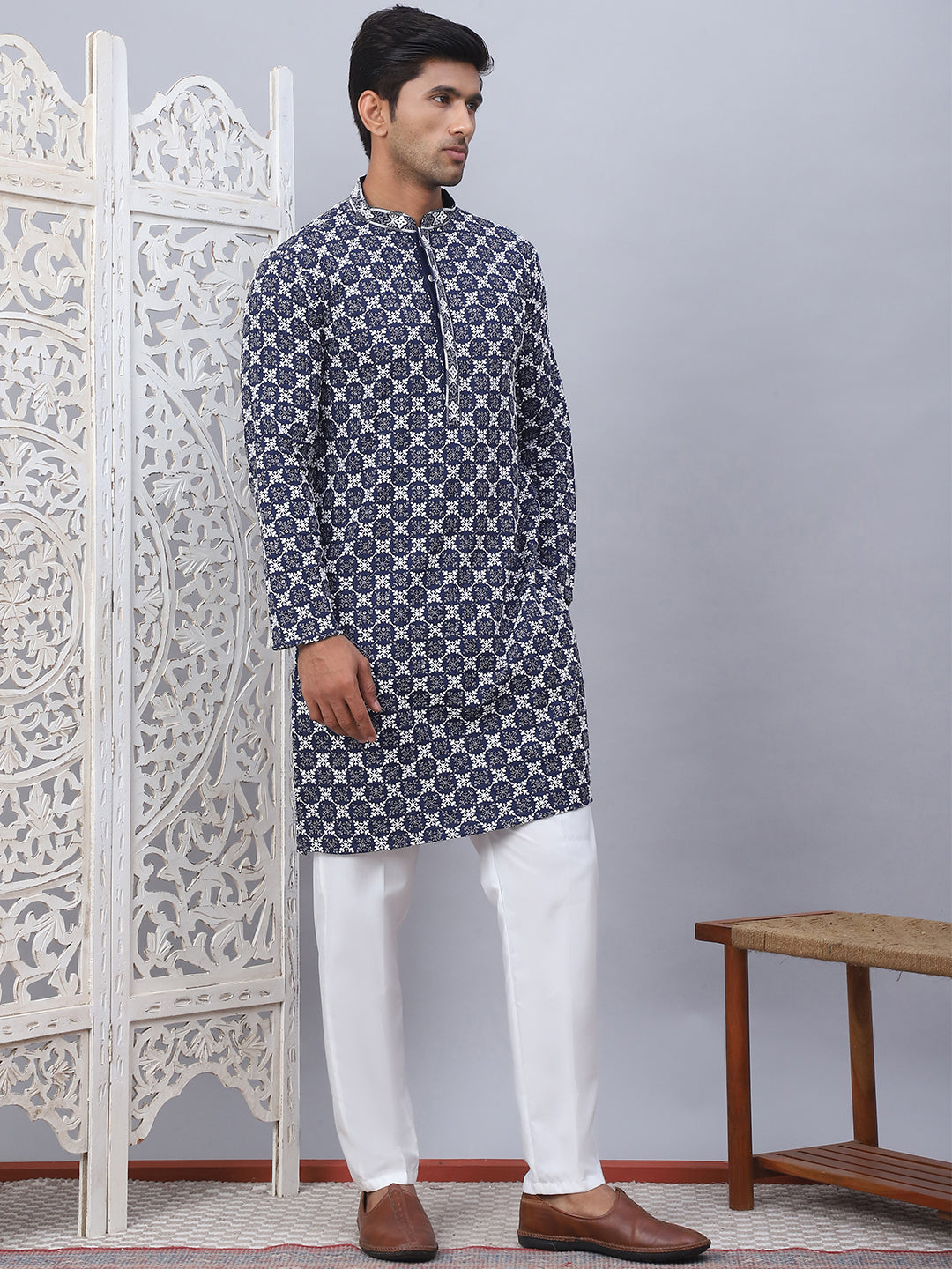 Embroidered Kurta Pyjama for Men ( JOKP P 5092Navy )