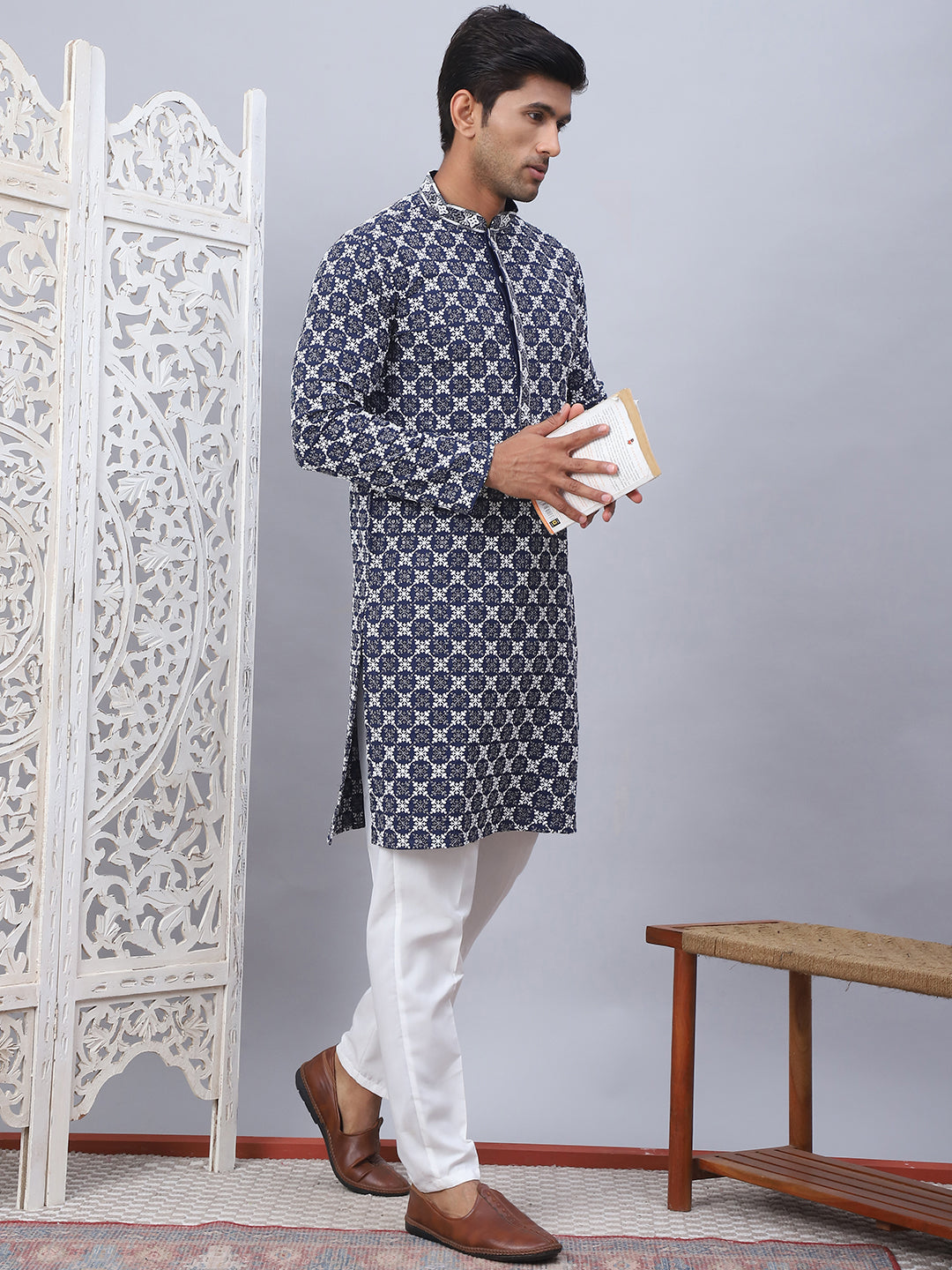 Embroidered Kurta Pyjama for Men ( JOKP P 5092Navy )