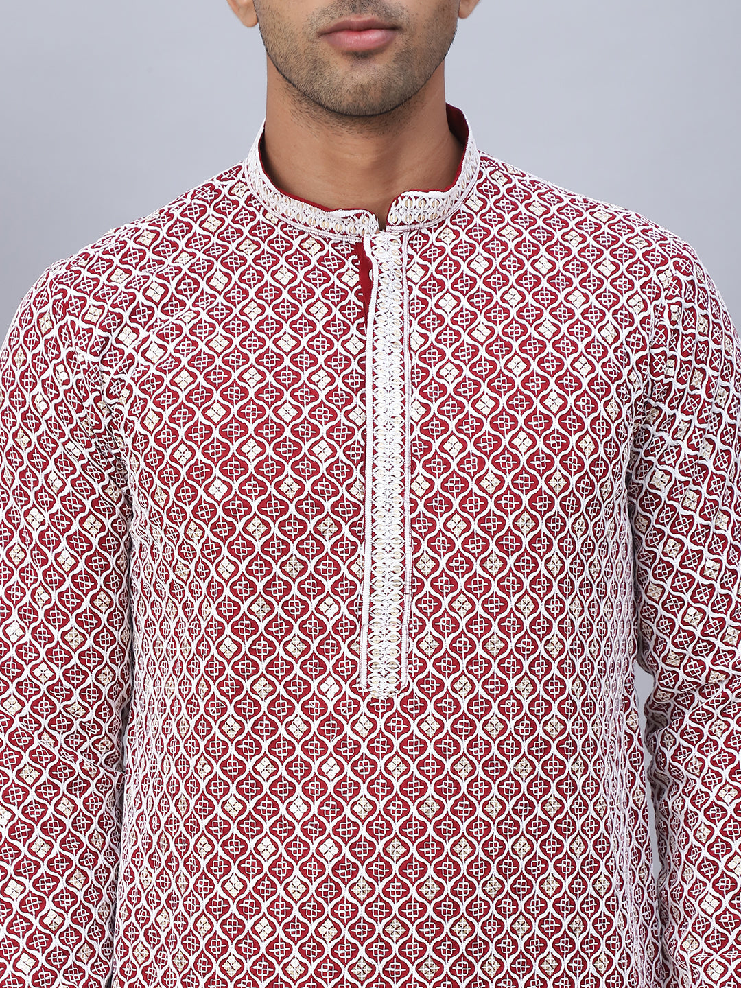 Men's Maroon Chikankari Embroidered and Sequence Kurta with Pyjama