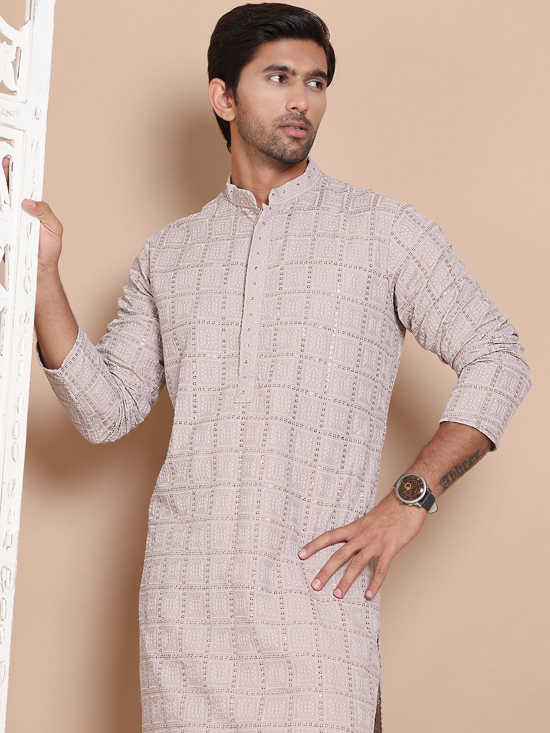 Sequin Embroidered Pure Cotton Kurta with Pyjamas ( JOKP P 5096Grey )