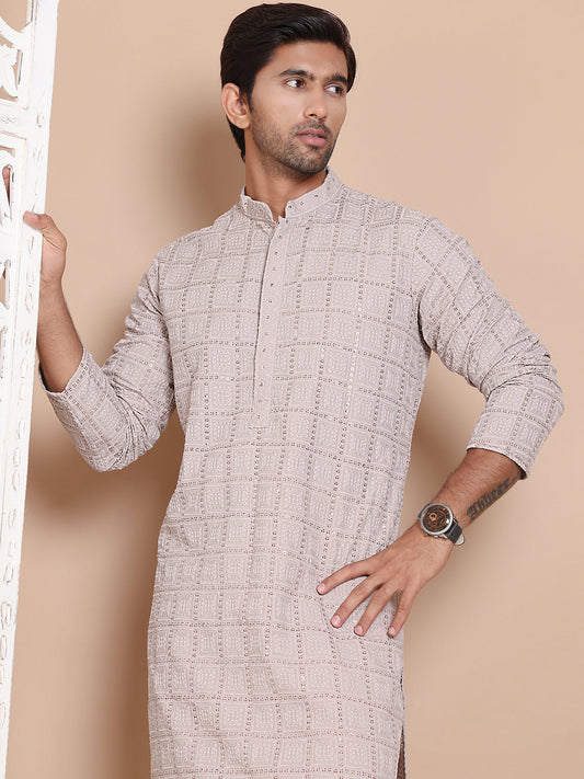 Sequin Embroidered Pure Cotton Kurta with Pyjamas ( JOKP P 5096Grey )