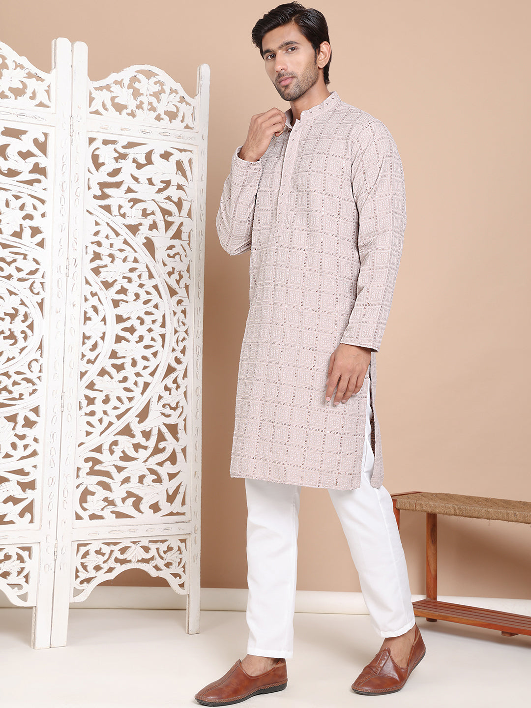 Sequin Embroidered Pure Cotton Kurta with Pyjamas ( JOKP P 5096Grey )