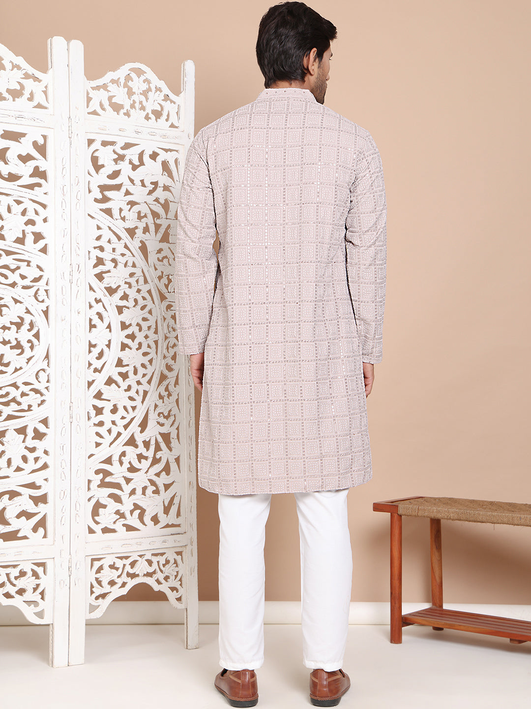 Sequin Embroidered Pure Cotton Kurta with Pyjamas ( JOKP P 5096Grey )