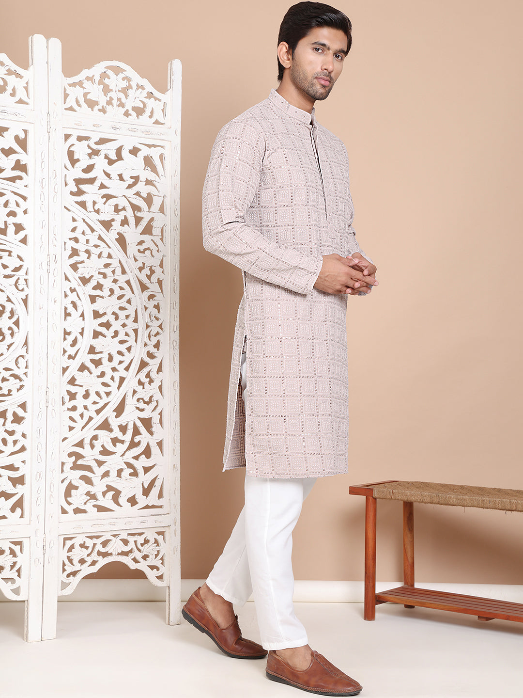 Sequin Embroidered Pure Cotton Kurta with Pyjamas ( JOKP P 5096Grey )