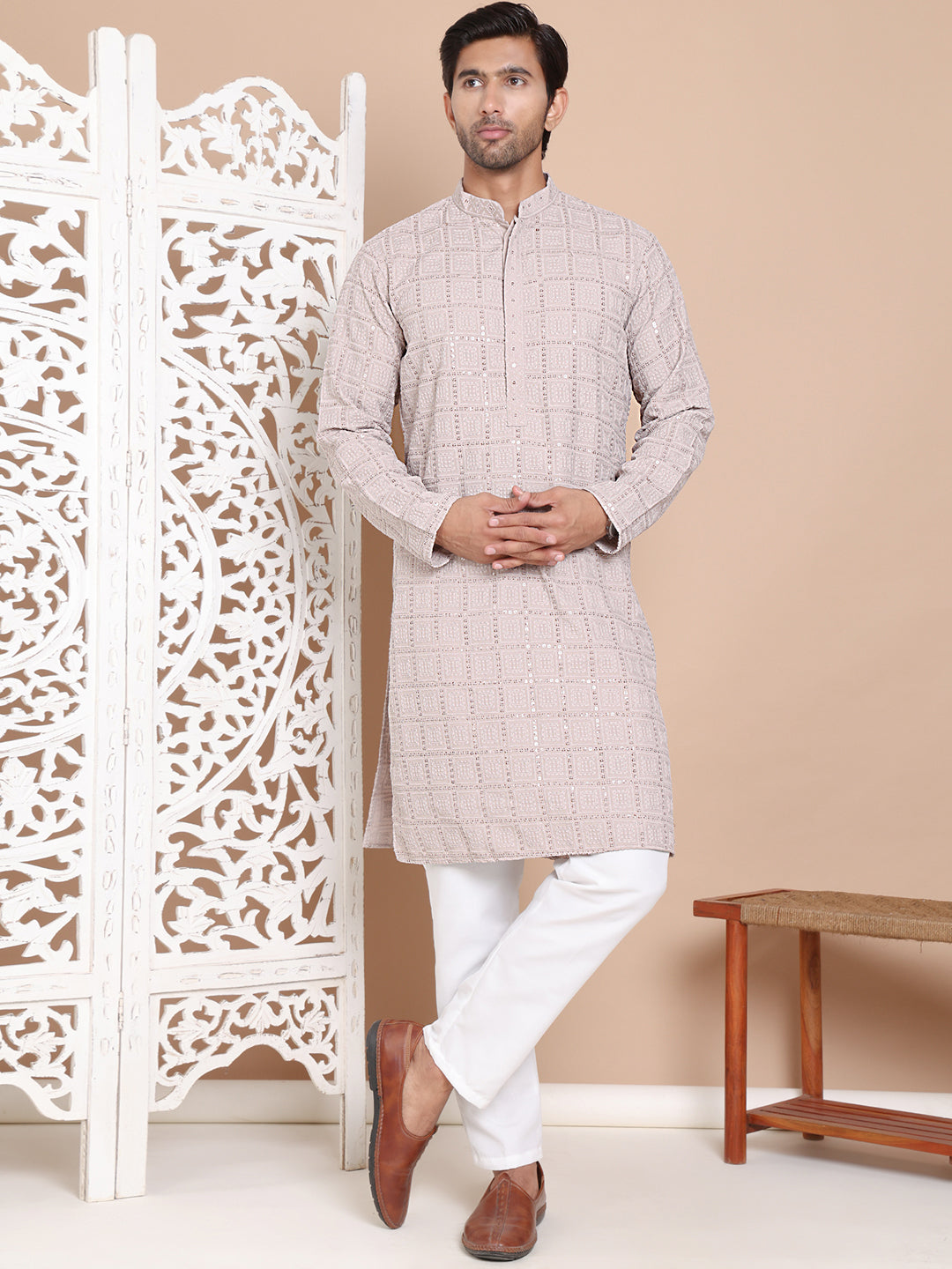 Sequin Embroidered Pure Cotton Kurta with Pyjamas ( JOKP P 5096Grey )