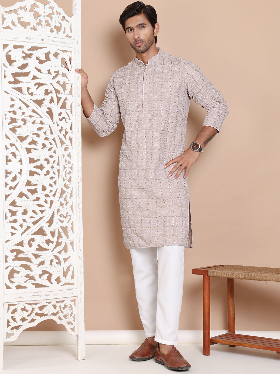 Sequin Embroidered Pure Cotton Kurta with Pyjamas ( JOKP P 5096Grey )