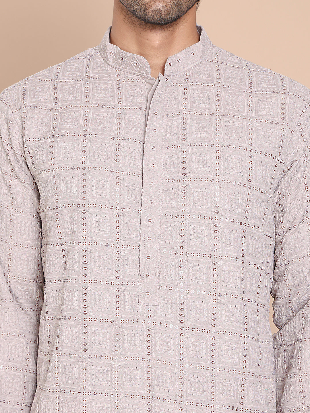 Sequin Embroidered Pure Cotton Kurta with Pyjamas ( JOKP P 5096Grey )