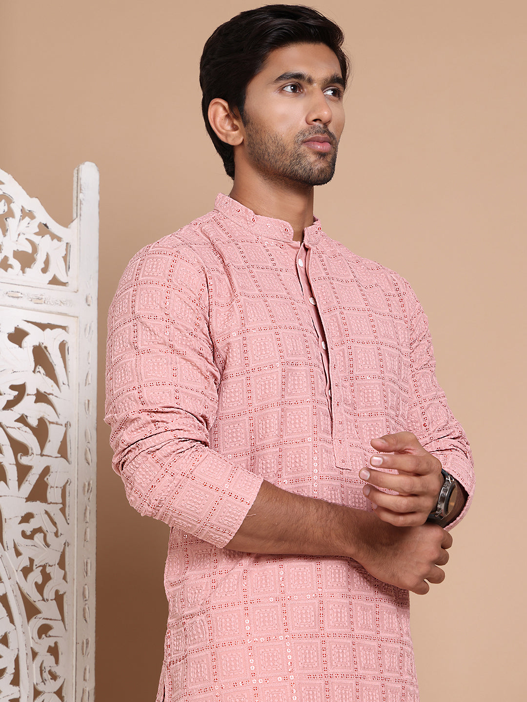 Sequin Embroidered Pure Cotton Kurta with Pyjamas ( JOKP P 5096Peach )